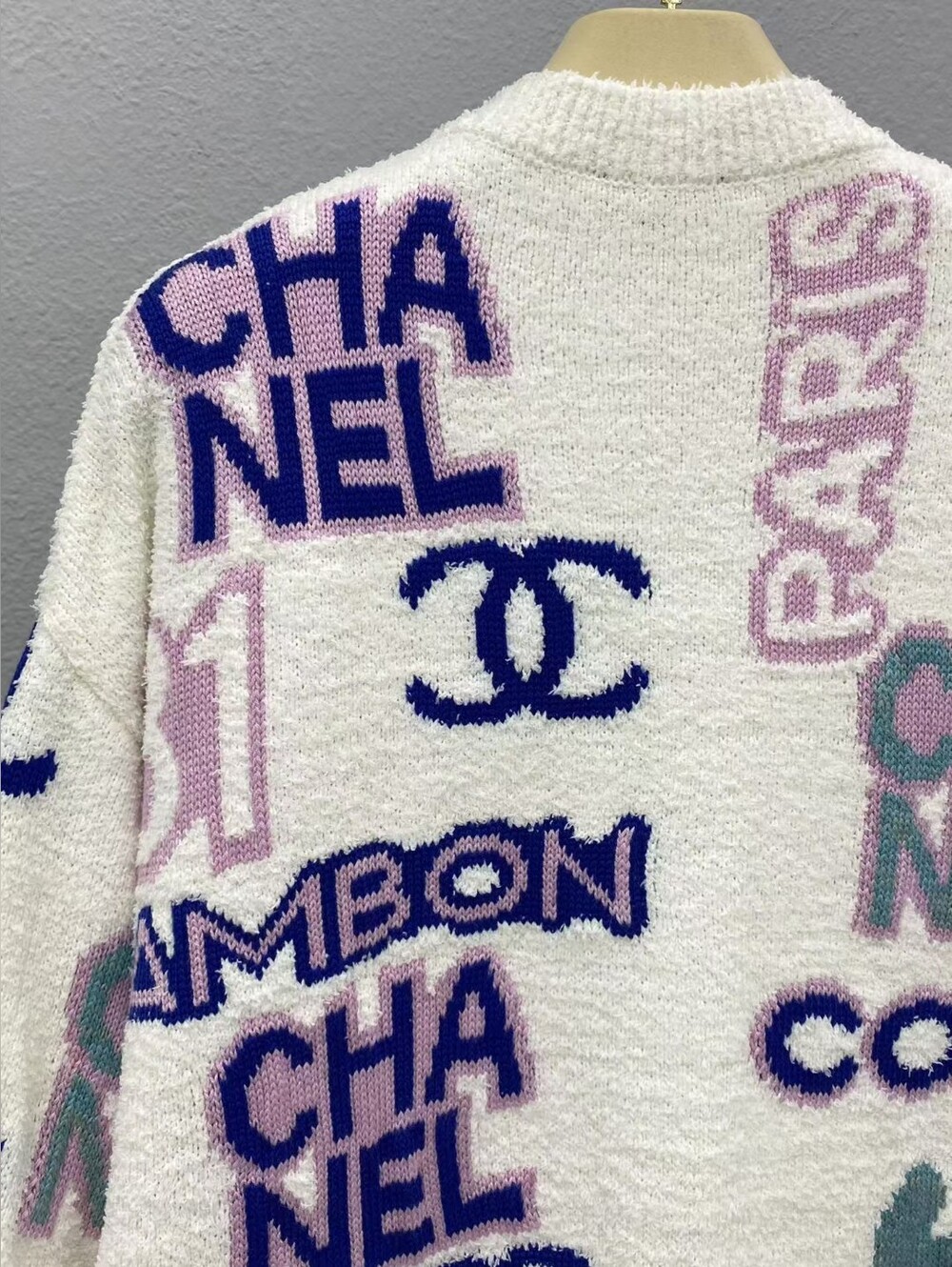 CHANEL with Pink & Blue Accents Knit Logo Graphic Cardigan Sweater - Picture 5 of 9